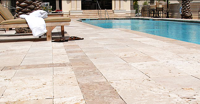 ivory travertine unfilled and tumbled pool pavers and coping tiles